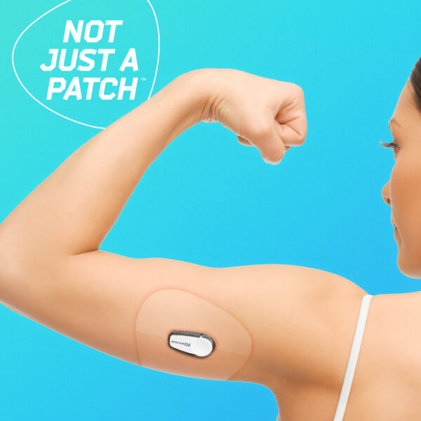 sporty woman flexing her biceps | dexcom g6 clear patches | dexcom transparent overpatches